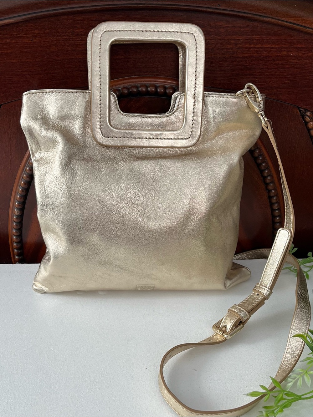 TMRW Studio Soft Leather Crossbody Gold Metallic Square Handle Minimalist 2-way